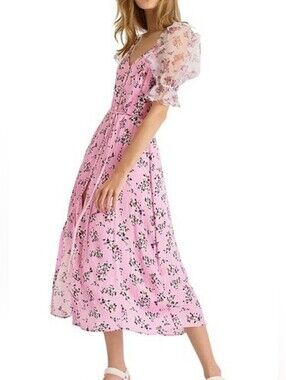 French Connection Pink Floral Puff Sleeve Midi Dress